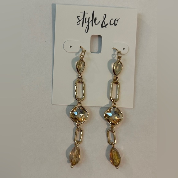NWT  Style & Co Gold Dangle Earrings with Crystal Accents - Picture 2 of 5